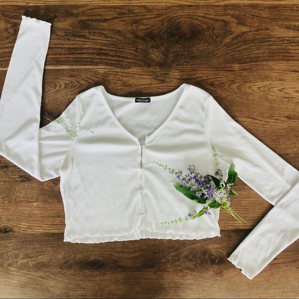 NASTY GAL Ribbed Lettuce Edge Button Down Top